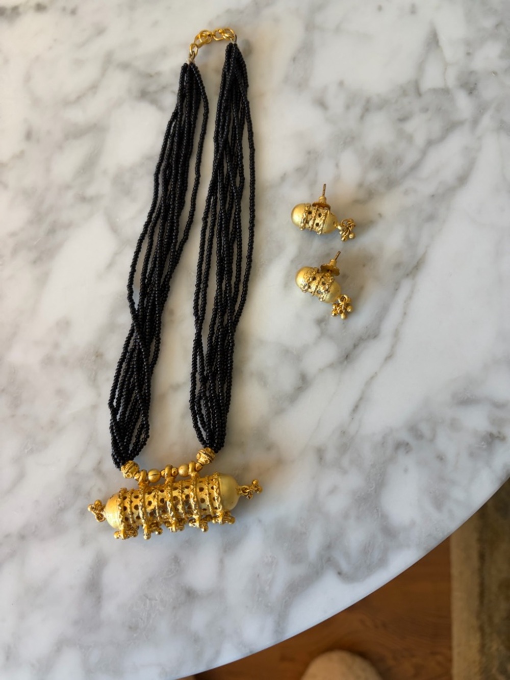 Gold and Black Beaded Statement Necklace with Matching Earrings